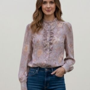 Vintage Handmade Long sleeve Button Down Blouse Sm/Md Floral Ruffles Tailored 70